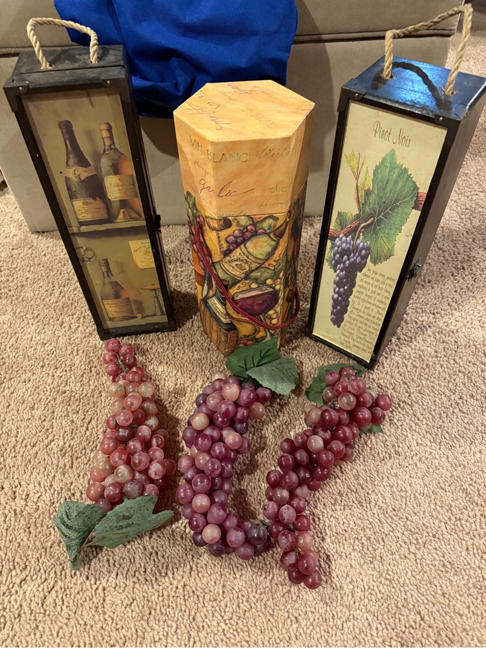Italian themed kitchen decor with wine boxes and grapes
